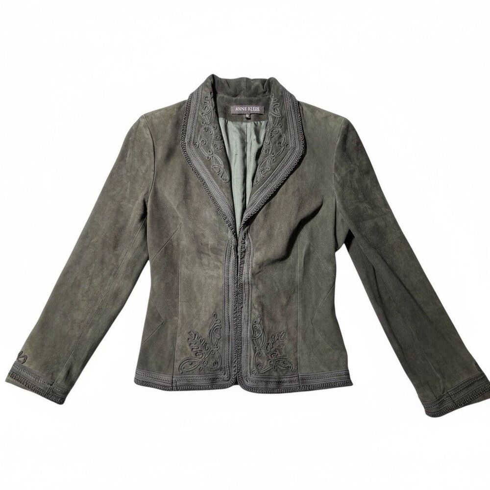 VTG 90s Anne Klein Chocolate Brown Genuine Suede blazer with brocade Trim Sz Med